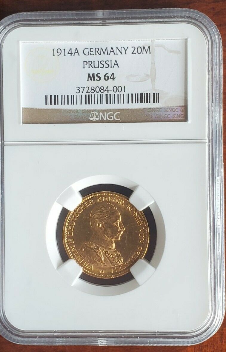 1914a  German States Prussia Gold Coin 20 Marks.. Ngc Ms-64